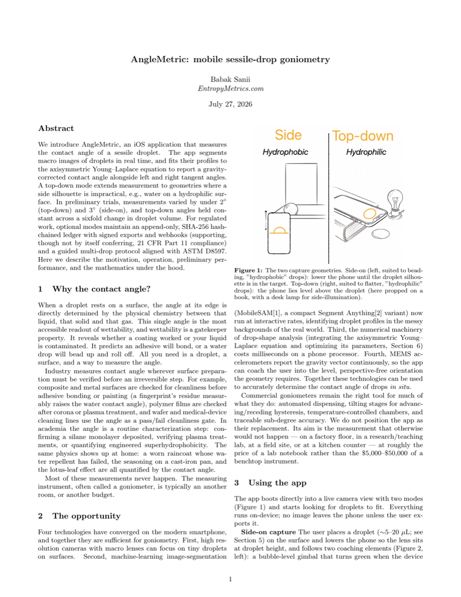 First page of the AngleMetric whitepaper: AngleMetric, mobile sessile-drop goniometry